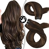 Moresoo Weft Sew in Hair Extensions Human Hair Weave Bundles #2 Darkest Brown Highlighted with #8 Light Brown Brazilian Human Hair Weave 18 Inch Double Weft Bundles Straight 100g Per Bundle