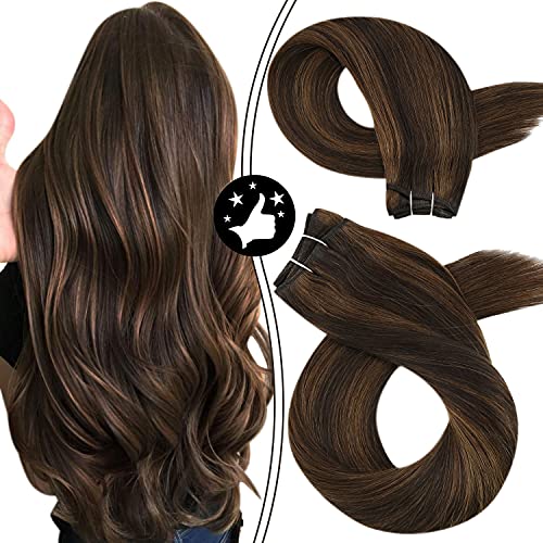 Moresoo Weft Hair Extensions Human Hair Hand Tied Weft Extensions #2 Darkest Brown Highlighted with #8 Light Brown Sew in Hair Bundles 24 Inch Unprocessed Remy Straight Hair Extensions 100g