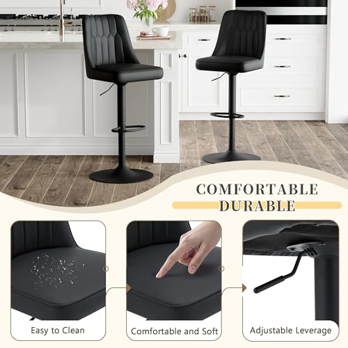Image of Swivel Bar Stools Set of 2 - Black Barstools with Back,Adjustable Counter Height Bar Stools with Sturdy Metal Legs,Leather Counter Height Stools Ideal for Kitchen Island Pub(25''-33''H)
