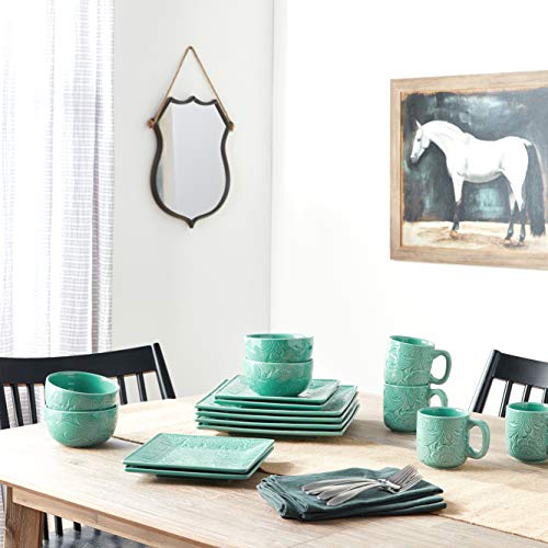 Hiend Accents Savannah 16 Piece Ceramic Dinnerware Set With Plates, Bowls, Mugs, Turquoise Tooled Leather Floral Pattern, Modern Rustic Western Style #TOP7
