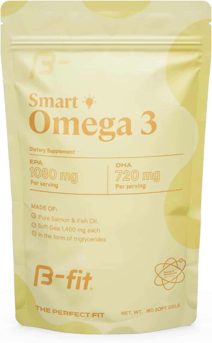 B-FIT Omega 3 Fish Oil - 180 Odorless Softgels from Norwegian Salmon - Heart, Brain & Joint Support- 1800 mg with 1080 mg EPA & 720 mg DHA - 60-Day Supply