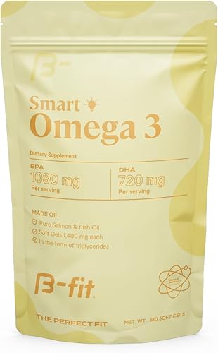 B-FIT Aceite de pescado Omega 3, fórmula patentada de alta potencia, 1800 mg con 1080 mg de EPA y 720 mg de DHA, 180 cápsulas blandas inodoras de
