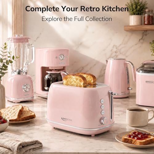 Image of 2 Slice Toaster Retro Stainless Steel with Bagel, Cancel, Defrost Function and 6 Bread Shade Settings Bread Toaster, Extra Wide Slot and Removable Crumb Tray (Pink)