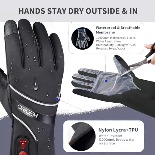 Origem Guanti Riscaldabili Moto Uomo Donna Ultrasottile, 6000mAh Batteria Ricaricabili, Invernali Termici Impermeabile Touchscreen Antiscivolo Riflettente Sottoguanti per Sci Bici Scooter Raynaud