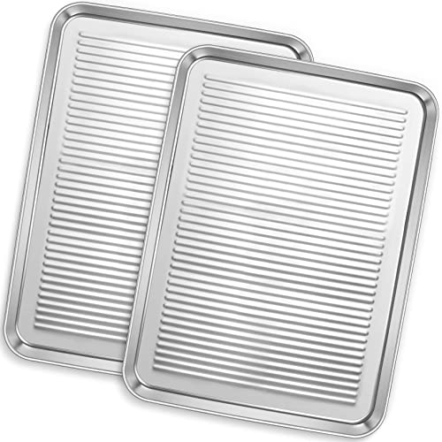 Large Baking Sheet Pan Set Of 2 For Oven, P&P Chef Stainless Steel Cookie Sheets Trays Bakeware, Rectangle 16 X 12 X 1 Inch, Corrugated Bottom & Mirror Finished Surface, Dishwasher Safe #TOP21