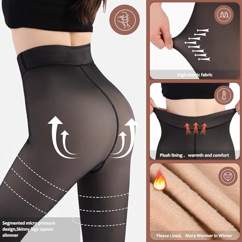 Image of UISLII Fleece Lined Tights Women, Warm Footless pants,Fake Translucent Thermal Skin Colored Tights for Winter(Black XL-M)