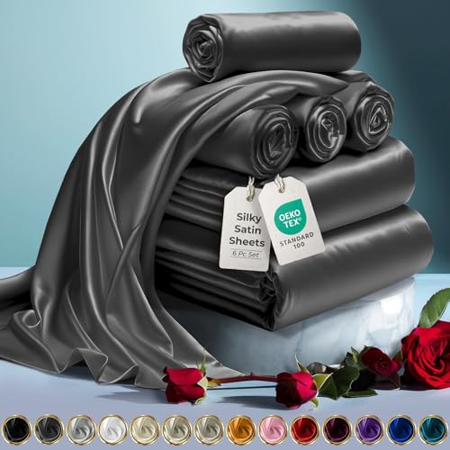 DECOLURE Satin Bed Sheets - 6 Piece Luxury Silky King Size