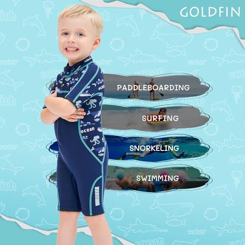 Goldfin Kids Wetsuit for Boys Girls, 3mm Shorty Wetsuits Neoprene Front Zip Wet Suits for Water Sports Surfing Swimming Snorkeling Diving Blue Size 4 - Thumbnail 2
