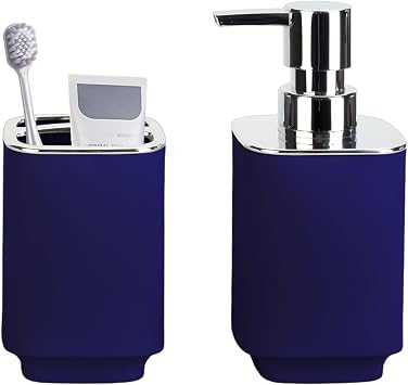 Navy Blue Bathroom Accessories 2 Pieces, Soap Dispenser and Toothbrush Holder Set for Boho Bathroom