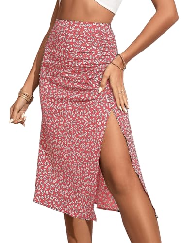 OYOANGLE Women's Boho Floral Print High Waisted A Line Split Thigh Summer Midi Skirt