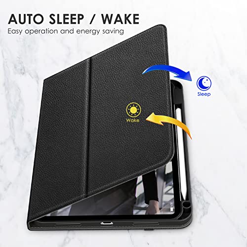 Dtto Folio Case For Ipad 10Th Generation - [Built-In Pencil Holder] Premium Vegan Leather Stand Folding Cover For Ipad 10.9 Inch 2022, Auto Wake/Sleep, Black #TOP3