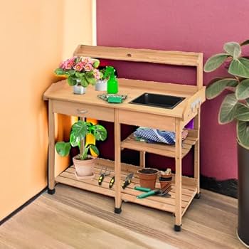Amazon.com: Giantex 花園盆栽台木製盆栽工作台適用於庭院植物草坪庭院