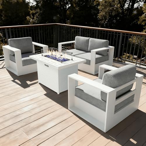 Image of LayinSun Oversized Aluminum Outdoor Furniture Set, 4 Piece Patio Sofa Sets with Fire Pit Table, Deep Seating and Upgraded 6-inch Cushions for Porch, Balcony, Deck