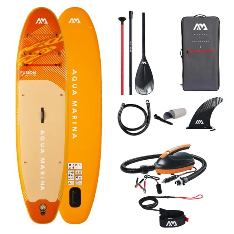 Pack Paddle Gonflable Aqua Marina Fusion 10’10’’ + Pompe Électrique 12V – Sup Adulte Polyvalent All Around – Planche Stable Débutant & Balade – Kit Complet avec Pagaie, Leash, Sac de Transport