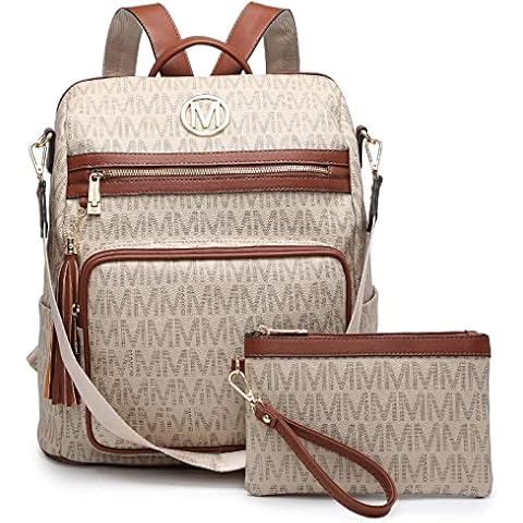 MKP COLLECTION Women Fashion Backpack Purse Convertible Large Ladies Rucksack Travel Shoulder Bags Handbag Set 2pcs w/ Tassel, Beige, 13.5"L x 6"W x 14.25"H, Rucksack Backpacks Cover