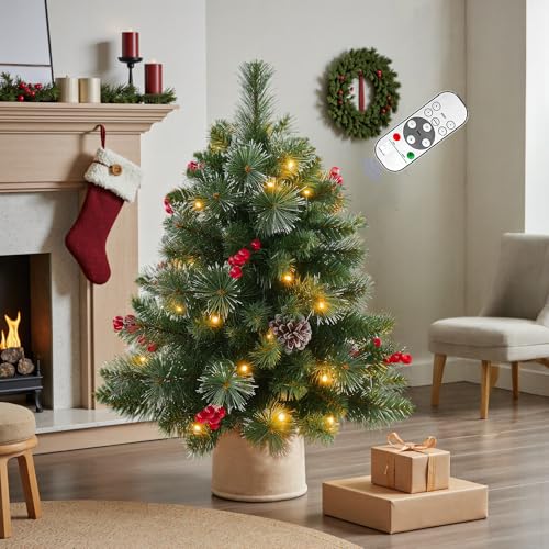 2FT Pre-lit Artificial Small Mini Christmas Tree with Warm White Multi-Color LED Lights, Remote Control and Timer, Perfect for Xmas Tabletop Decorations, Home, Kitchen, Dining Table top White