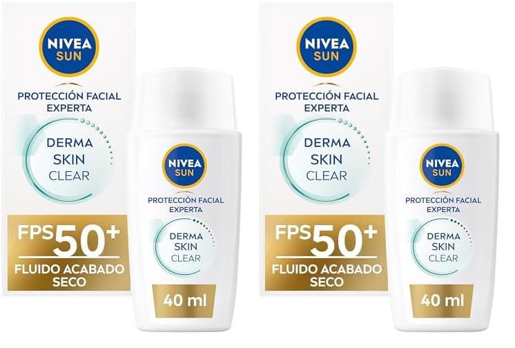 NIVEA SUN Derma Skin Clear Fluido Protector Solar Facial FPS 50+ (1 x 40 ml), crema solar facial ultra ligera con efecto mate, El embalaje puede variar (Paquete de 2)