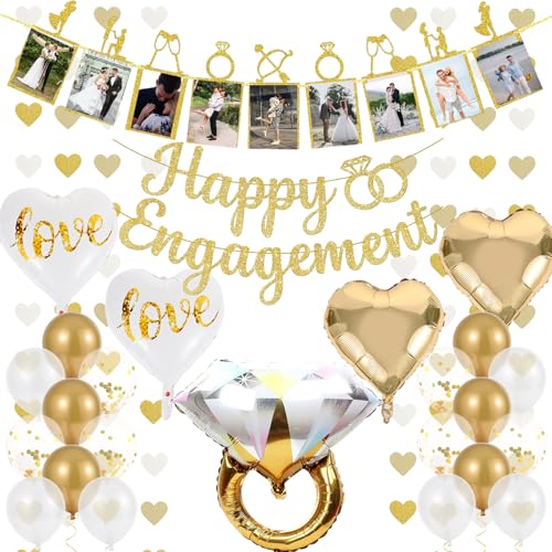KATBUU Engagement Party Decorations - Gold Engagement Congratulations Decor HAPPY ENGAGEMENT Banner Thickened ECO Ring Balloon Kit with Photo Timeline Banner Heart Streamers Garlands