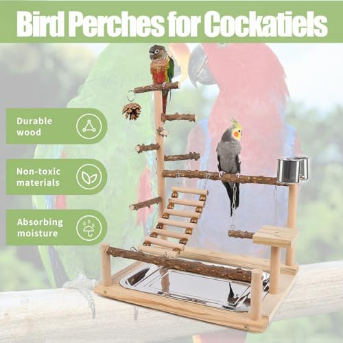 Image of Bird Playground, Parrot Perch Stand, Natural Wood Bird Play Stands for Cockatiel Wood Perch Gym Playpen Ladder with Removable Tray and 2 Stainless Steel Cups, Bird Cage Accessories, Parrot Swing