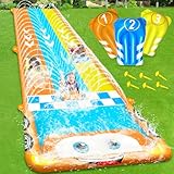 25FT Extra Long Water Slide for Kids, Race Car Triple Lane Lawn Water Slip and WaterSlides with 3 Bodyboards, Safety Fence, Heavy-Duty Outdoor Water Slides for Adults Backyard Sprinkler Summer Toys