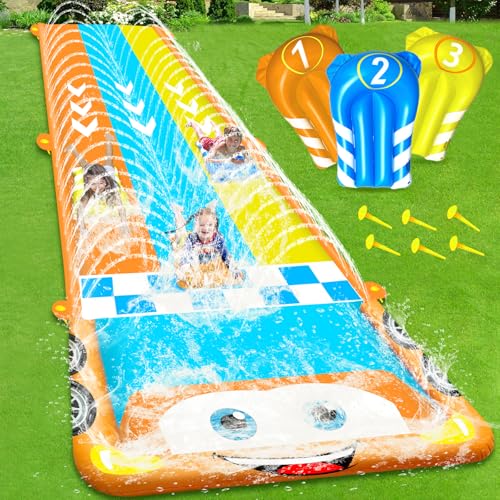 25FT Extra Long Water Slide for Kids, Race Car Triple Lane Lawn W...