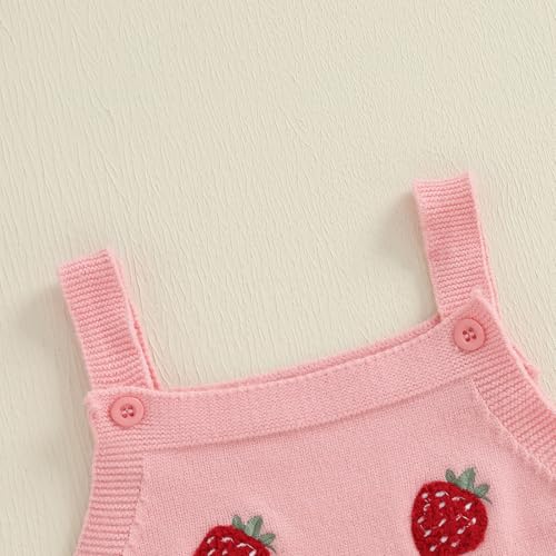 Baby Girl Birthday Outfit Knit Bubble Romper One Year Old Strawberry Embroidery Ruffle Sleeveless Bodysuit Clothes4