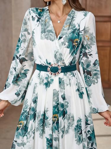 Image of TOLEEN Summer Casual Dresses for Women 2024 Spring Fashion Boho V Neck Long Sleeve Ruffle Floral Print Elegant Maxi Dress