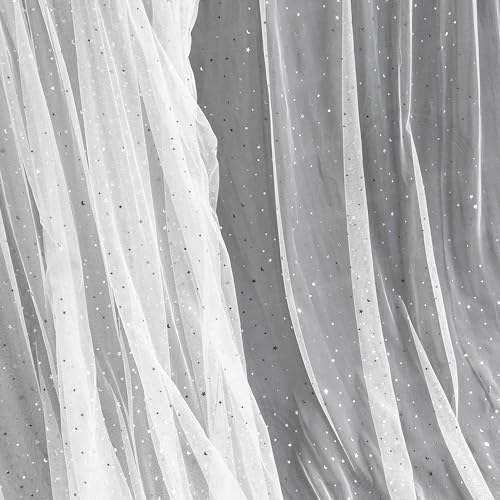 Homiest Glitter Tulle Fabric Rolls with Star Moon Sequin, 1 Yard x 54' Wide Rolls, White Tulle for Tutu Skirt Bridal Veil & Decorations