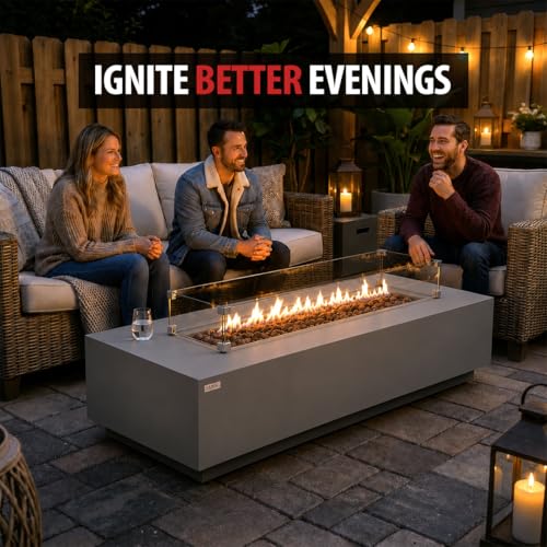 Image of AMS Creations | Savanah 72 inch Bundle Rectangular Cast Concrete Propane Gas Fire Pit Table | Light Gray | Smooth Texture Surface | Electronic Ignition | Outdoor Patio Heater Outside Backyard Fireplace