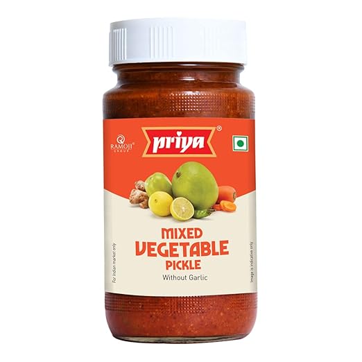 Priya Mixed Vegetable Pickle without Garlic, 300g - Authentic Telugu Style Mixed Achar |Traditional South Indian Taste| Homemade Andhra Pickles| Tangy and Spicy| With Tamarind Paste and Mixed Spices| Glass Jar