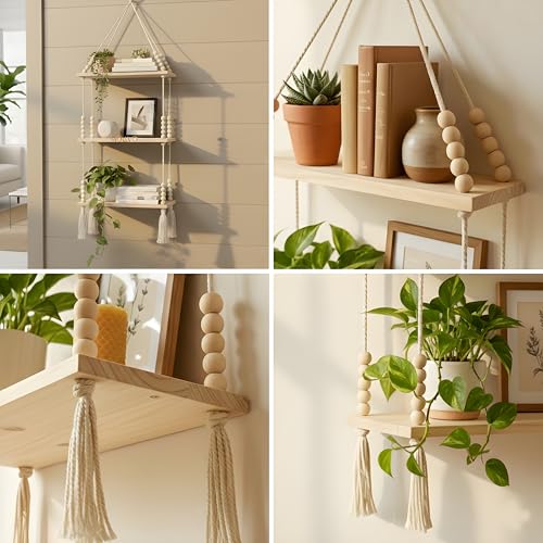 Image of 3-Tier Hanging Shelf with Wall Hook, Use Decor Plants, Books, Decorative Gift Items Nursery Livingroom Wooden Beads & Ring, Tassels Woven Bohemian