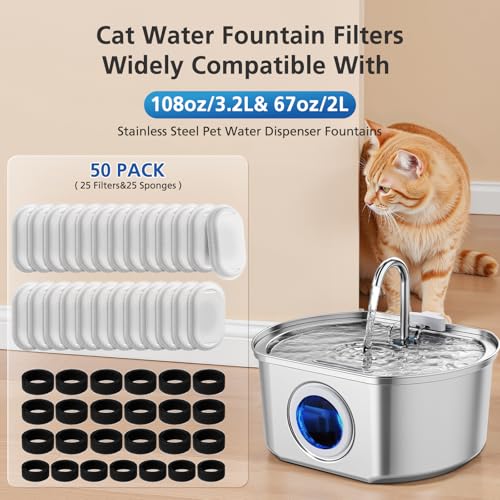 50 Pack Cat Water Fountain Filters for 108/3.2L& 67oz/2L& 4L/135oz Stainless Steel Pet Water Dispenser Cat/Dog Fountain Filter Replacement(25 Filters & 25 Sponges) by Beckacher - Image 2