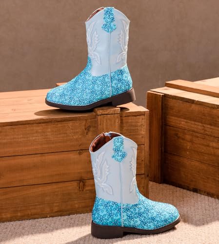 DADAWEN Boys Girls Cowboy Boots Embroidery Glitter Mid Calf Square Toe Kids Western Cowgirl Boots Riding Shoes (Toddler/Little Kid/Big Kid) 5