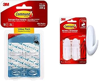 Command Mini Hook, Value Pack of 18 Mini Hooks and 24 Small Adhesive Strips, Transparent - Damage Free Hanging - Holds up to 225 gm & Command 17081 Damage Free Medium Hooks 2 Pack , White
