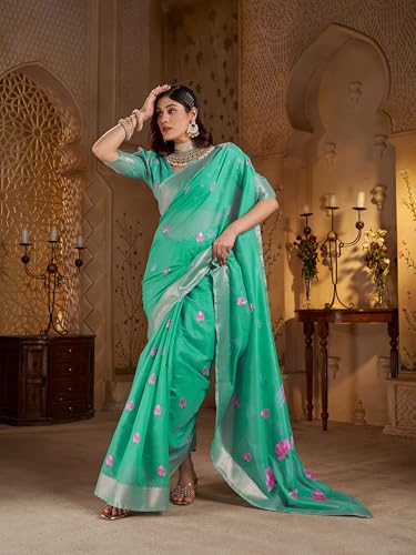 Image of SWORNOF Womens Linen Silk Saree | Saree for Women With Unstitched Blouse | Saree with Blouse Piece | Soft and Skin Friendly
