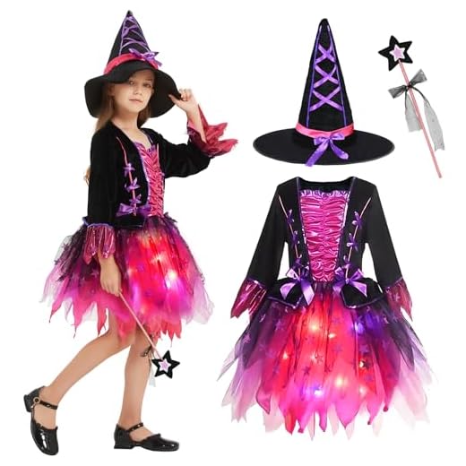 Joellfuner Disfraz de Bruja para Niña, Vestido de Bruja Niña, Disfraces de Halloween Niña, LED Falda Bruja con Sombrero y Varita, Cosplay Traje de Bruja para Halloween Carnaval Cumpleaños Fiesta (120)