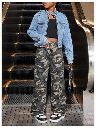 WDIRARA Girl's Y2K High Waisted Wide Leg Camo Jeans Elastic Baggy Denim Pants with Pockets4