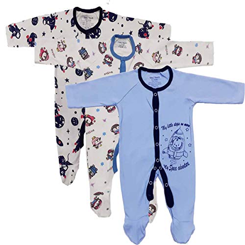 TotzTouch Premium Cotton BabySuits| Rompers | Onesies,Multicolored,Printed,Combo Pack of 3. (Blue Combo, 3 to 6 Months)