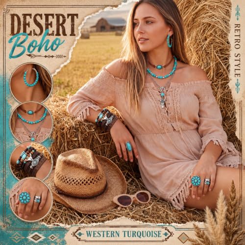 Image of Ecally Bohemian Western Jewelry Turquoise Set Women Country Pendant Long Choker Layered Bracelets Earrings Ring for Women
