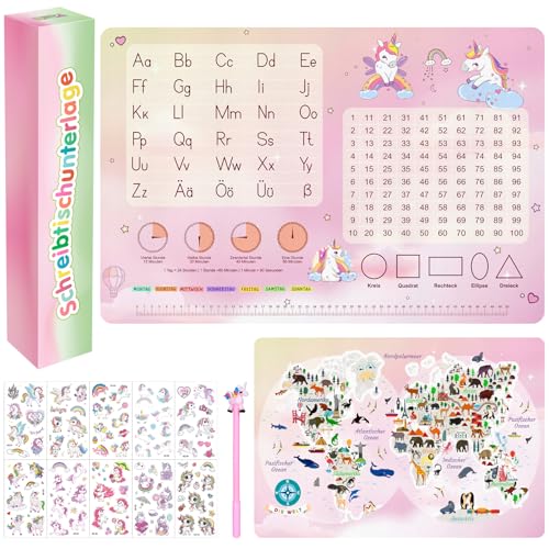 Doppelseitige Lernunterlage für Kinder mit Weltkarte & Buchstaben Wasserdichte Schreibtischunterlage (60x40 cm) Geschenkpaket sind Sticker und Stift Kreatives Geschenk für Jungen & Mädchen