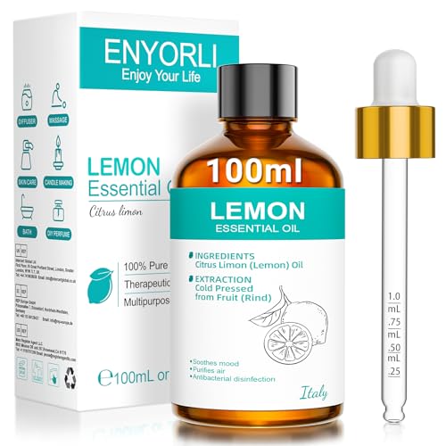 ENYORLI Aceite Esencial de Limón 100 ml Apto Para Limpieza del Hogar Difusores Cuidado de la Piel Ambientadores de Coche y Masajes