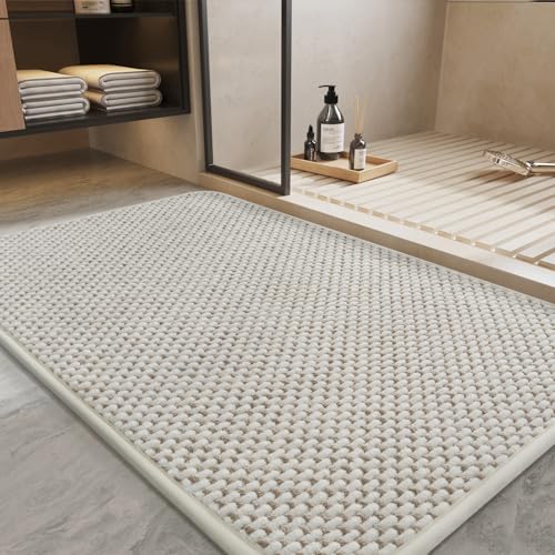 PADOOR-Bath Mat-Super Absorbent Chenille Bathroom Mats-Rubber Backed Bath Mats for Bathroom Non Slip, Machine Washable Bathroom Rugs Front of Bathtub,Shower Room,Sink-17×28, Beige&Cream Beig