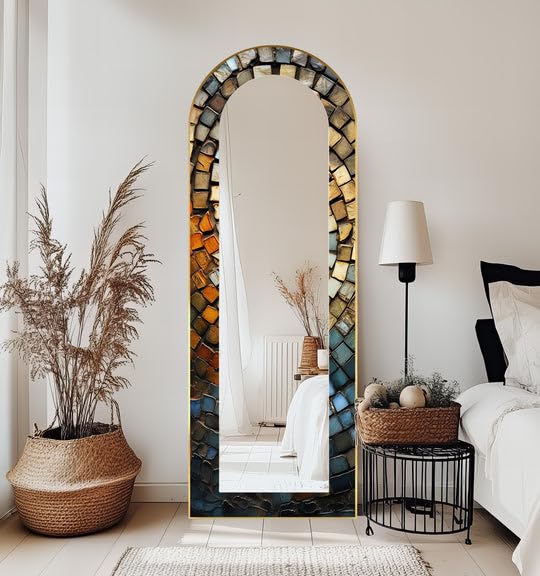 Specchio ad arco rustico da 63,5 x 170 cm (larghezza x altezza), specchio da pavimento a mosaico a tutta lunghezza – Specchio da pavimento colorato con cornice nera con cornice