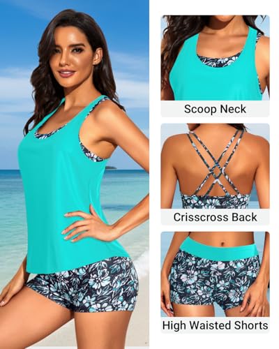 Image of Tempt Me 3 Piece Tankini Swimsuits for Women Athletic Bathing Suits Swim Tank Top with Boy Shorts and Bra Modest Swimwear
