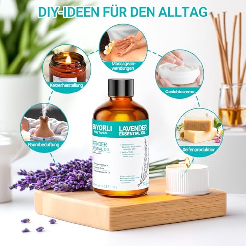 ENYORLI Ätherisches Lavendelöl 100mL Unverdünntes Lavendelöl Ätherische Öle für Aromatherapie, Diffusoren, Massagen, Hautpflege, Entspannung, Bäder, Unterstützung des Wohlbefindens & DIY