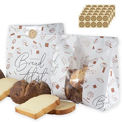 AeKahtay 50 Pack Paper Bread Bags with Front Window, 13.8 x 9.5 x 4.3 Inch Large Paper Bread Bags for Homemade Bread Gift Giving with Stickers
