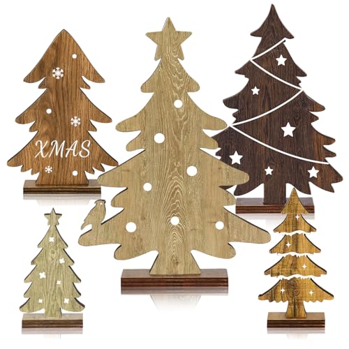 Christmas Decorations Indoor - 5PCS Wooden Christmas Trees Tabletop Shelf Decor Rustic Christmas Decorations Table Centerpieces Wooden Trees Sign for Home Office Fireplace Farmhouse Xmas Party
