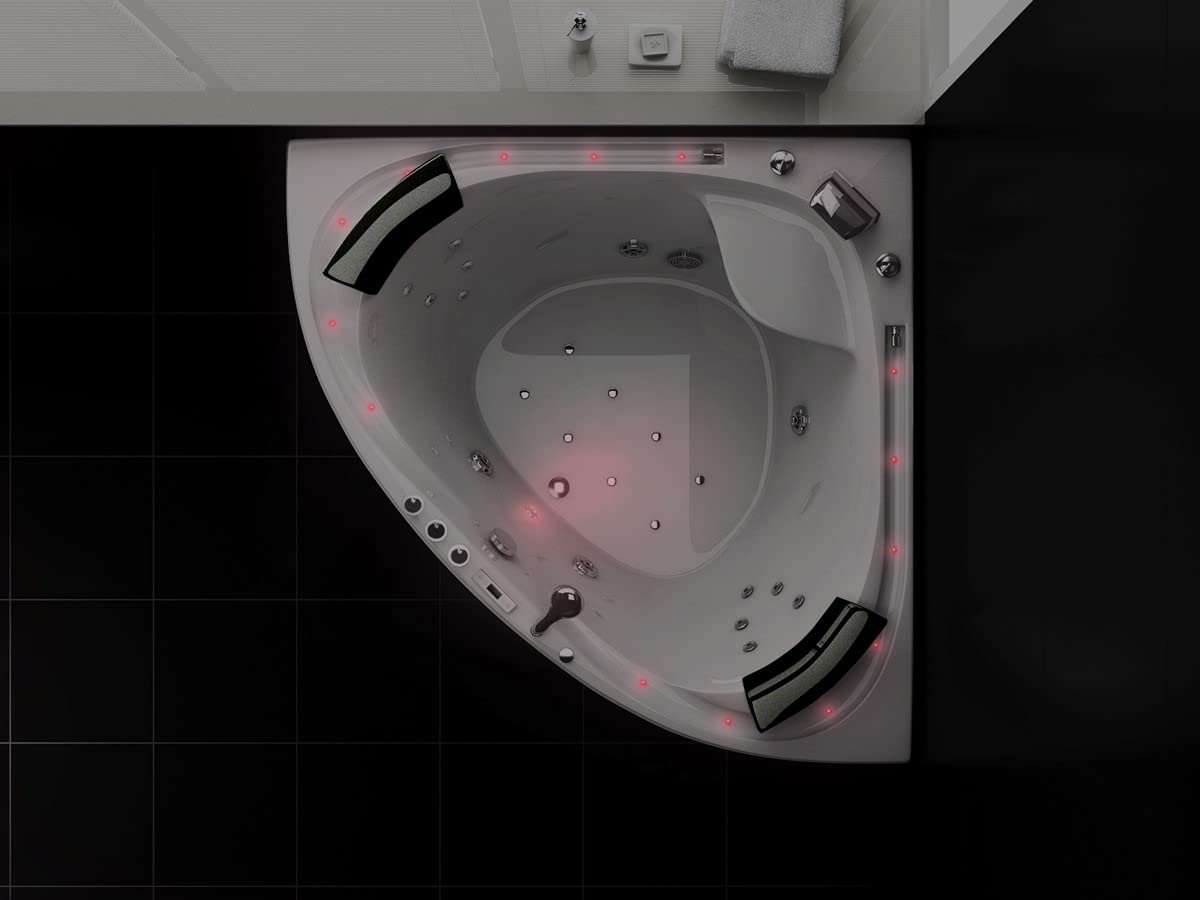 Jet-Line® Whirlpool | Villa Sabrina Weiss 1.6 x 1.6 m XXL | Neu mit Bachlauf und Wasserfall | Vollaustattung Eckbadewanne | Pool Eck Badewanne | Whirlwanne | Ozon Heizung LED
