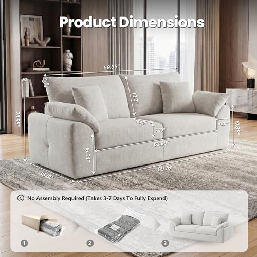 Image of 89.8 inch Modern Loveseat Sofa for Living Room, Cloud Boneless Couches with 4 Pillows, Mid Century Loveseat couches for Small Place, No Assembly Required, Beige