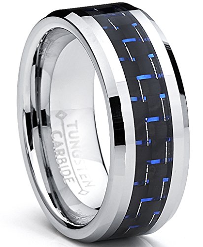 Bonndorf 8Mm Men's Tungsten Carbide Ring W/Black & Blue Carbon Fiber Inaly Size 9 #TOP19